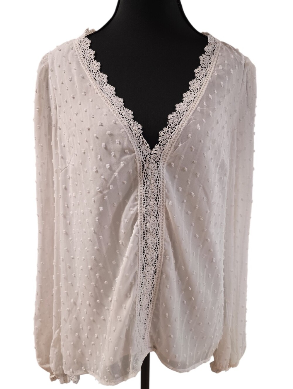 Shein White Swiss Dot Lace Detail Long Sleeve Blouse S
